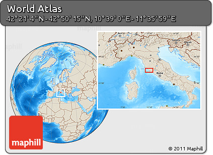 Shaded Relief Location Map of the Area around 42° 35' 40" N, 11° 7' 30" E