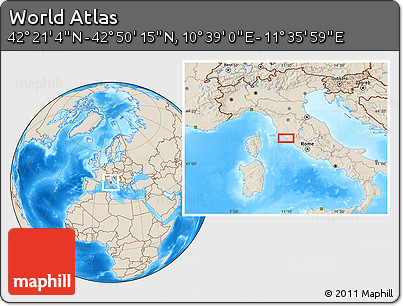Shaded Relief Location Map of the Area around 42° 35' 40" N, 11° 7' 30" E