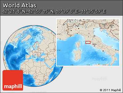 Shaded Relief Location Map of the Area around 42° 35' 40" N, 11° 7' 30" E