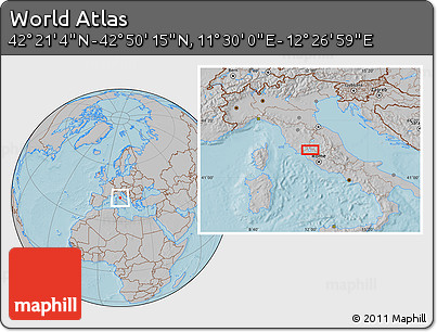 Gray Location Map of the Area around 42° 35' 40" N, 11° 58' 29" E, hill shading