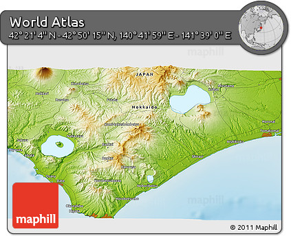 Physical 3D Map of the Area around 42° 35' 40" N, 141° 10' 30" E