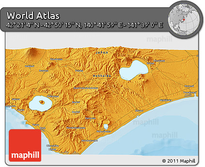 Political 3D Map of the Area around 42° 35' 40" N, 141° 10' 30" E
