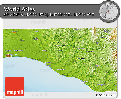 Physical 3D Map of the Area around 42° 35' 40" N, 142° 1' 30" E