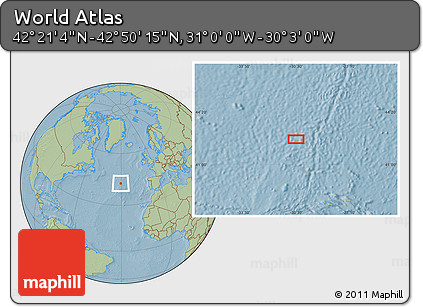 Savanna Style Location Map of the Area around 42° 35' 40" N, 30° 31' 29" W, hill shading