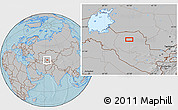 Gray Location Map of the area around 42° 35' 40" N, 63° 49' 30" E, hill shading