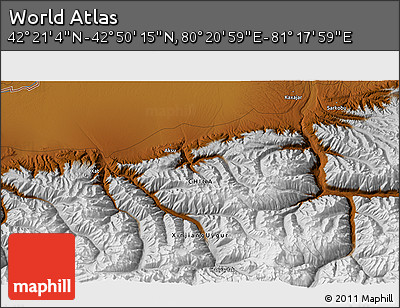 Physical 3D Map of the Area around 42° 35' 40" N, 80° 49' 29" E