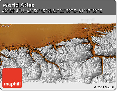 Physical 3D Map of the Area around 42° 35' 40" N, 80° 49' 29" E