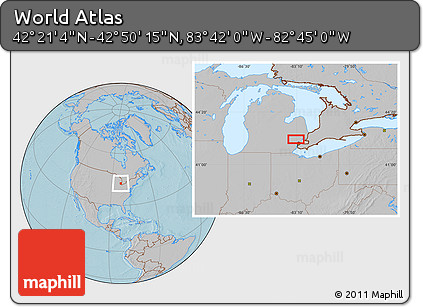 Gray Location Map of the Area around 42° 35' 40" N, 83° 13' 29" W, hill shading