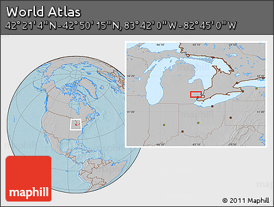 Gray Location Map of the Area around 42° 35' 40" N, 83° 13' 29" W, hill shading
