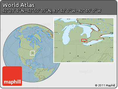 Savanna Style Location Map of the Area around 42° 35' 40" N, 83° 13' 29" W, hill shading
