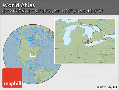 Savanna Style Location Map of the Area around 42° 35' 40" N, 83° 13' 29" W, hill shading
