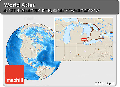 Shaded Relief Location Map of the Area around 42° 35' 40" N, 83° 13' 29" W