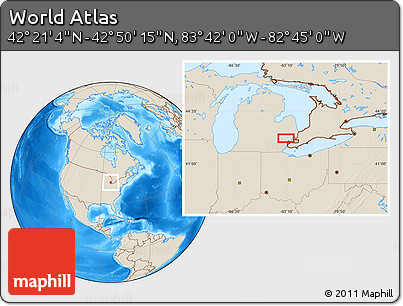 Shaded Relief Location Map of the Area around 42° 35' 40" N, 83° 13' 29" W