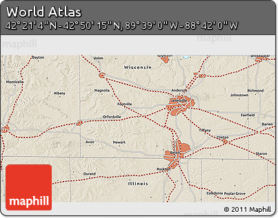 Shaded Relief 3D Map of the Area around 42° 35' 40" N, 89° 10' 30" W