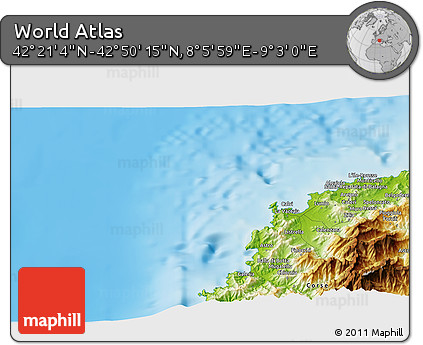 Physical 3D Map of the Area around 42° 35' 40" N, 8° 34' 29" E