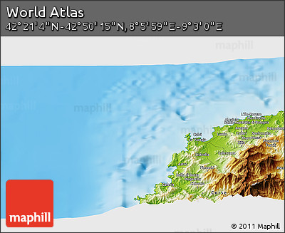Physical 3D Map of the Area around 42° 35' 40" N, 8° 34' 29" E
