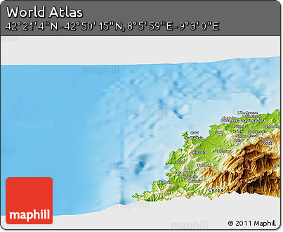 Physical 3D Map of the Area around 42° 35' 40" N, 8° 34' 29" E