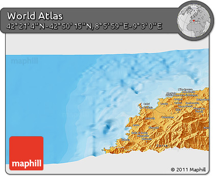 Political 3D Map of the Area around 42° 35' 40" N, 8° 34' 29" E