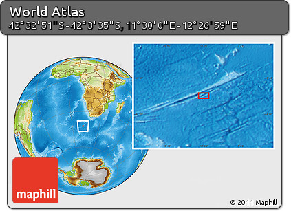 Physical Location Map of the Area around 42° 18' 13" S, 11° 58' 29" E