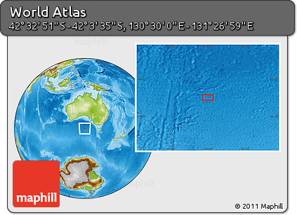 Physical Location Map of the Area around 42° 18' 13" S, 130° 58' 29" E