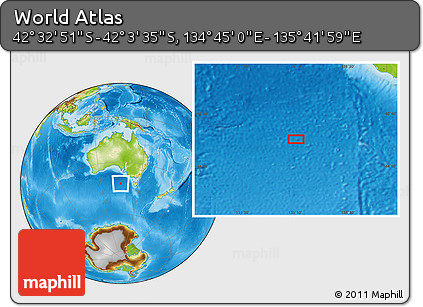 Physical Location Map of the Area around 42° 18' 13" S, 135° 13' 29" E