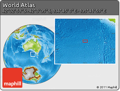 Physical Location Map of the Area around 42° 18' 13" S, 135° 13' 29" E