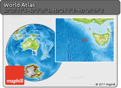 Physical Location Map of the Area around 42° 18' 13" S, 142° 52' 30" E