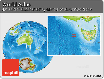 Physical Location Map of the Area around 42° 18' 13" S, 142° 52' 30" E