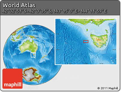 Physical Location Map of the Area around 42° 18' 13" S, 143° 43' 29" E