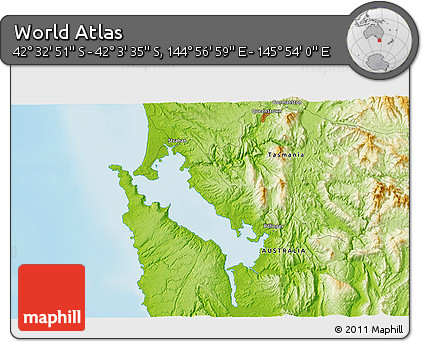 Physical 3D Map of the Area around 42° 18' 13" S, 145° 25' 30" E