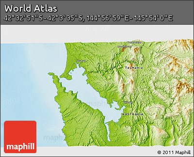 Physical 3D Map of the Area around 42° 18' 13" S, 145° 25' 30" E
