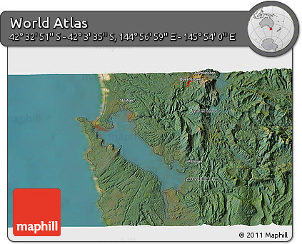 Satellite 3D Map of the Area around 42° 18' 13" S, 145° 25' 30" E