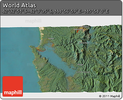 Satellite 3D Map of the Area around 42° 18' 13" S, 145° 25' 30" E