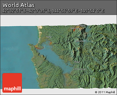Satellite 3D Map of the Area around 42° 18' 13" S, 145° 25' 30" E