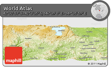 Physical Panoramic Map of the Area around 42° 18' 13" S, 147° 7' 30" E