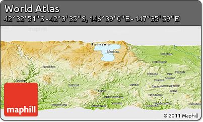 Physical Panoramic Map of the Area around 42° 18' 13" S, 147° 7' 30" E