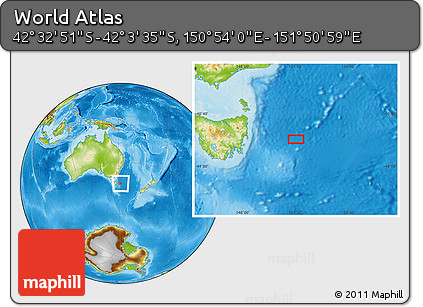 Physical Location Map of the Area around 42° 18' 13" S, 151° 22' 30" E