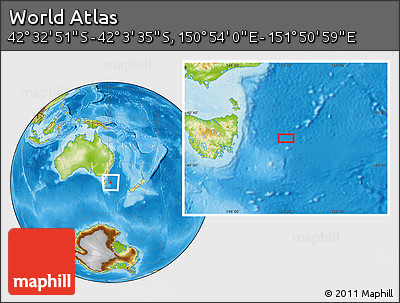 Physical Location Map of the Area around 42° 18' 13" S, 151° 22' 30" E