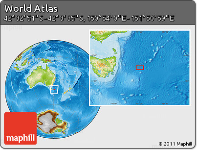 Physical Location Map of the Area around 42° 18' 13" S, 151° 22' 30" E