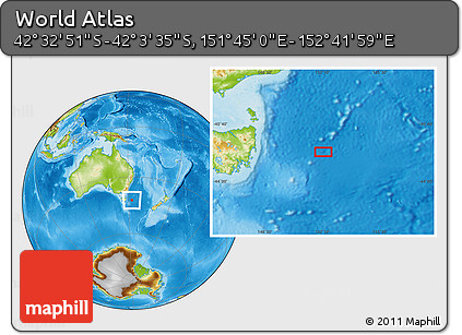 Physical Location Map of the Area around 42° 18' 13" S, 152° 13' 29" E