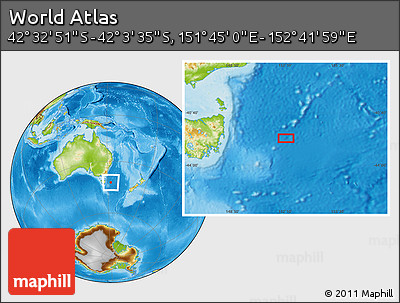 Physical Location Map of the Area around 42° 18' 13" S, 152° 13' 29" E
