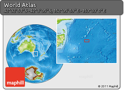 Physical Location Map of the Area around 42° 18' 13" S, 153° 4' 29" E