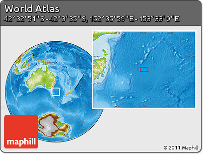 Physical Location Map of the Area around 42° 18' 13" S, 153° 4' 29" E