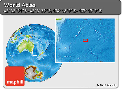 Physical Location Map of the Area around 42° 18' 13" S, 154° 46' 30" E