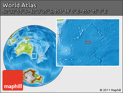 Physical Location Map of the Area around 42° 18' 13" S, 154° 46' 30" E