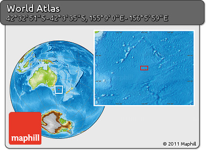 Physical Location Map of the Area around 42° 18' 13" S, 155° 37' 30" E