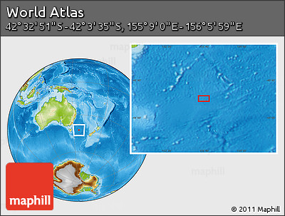 Physical Location Map of the Area around 42° 18' 13" S, 155° 37' 30" E