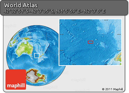 Physical Location Map of the Area around 42° 18' 13" S, 161° 34' 29" E