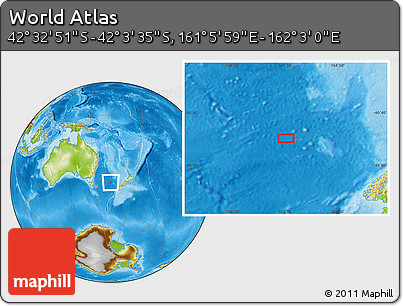 Physical Location Map of the Area around 42° 18' 13" S, 161° 34' 29" E