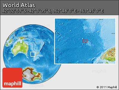 Physical Location Map of the Area around 42° 18' 13" S, 163° 16' 30" E